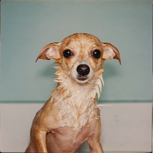 A wet dog being bathed